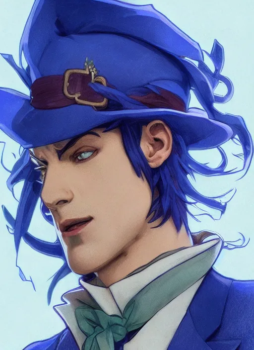 Prompt: Jotaru Joestar from Jojo Bizzare Adventure in royal blue suit, sigma male, accurately portrayed, portrait art by alphonse mucha and greg rutkowski, highly detailed, digital painting, concept art, illustration, dim lighting with twilight rays of sunlight, trending on artstation, very detailed, smooth, sharp focus, octane render, close up