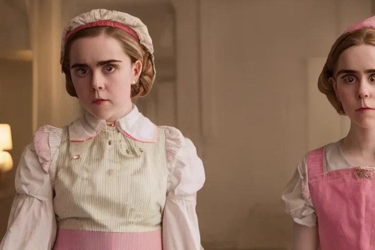 Image similar to art of Kiernan Shipka as the maid in the new movie directed by Wes Anderson, symmetrical shot, idiosyncratic, relentlessly detailed, pastel, limited colour palette, detailed face, movie still frame, promotional image, imax 70 mm footage