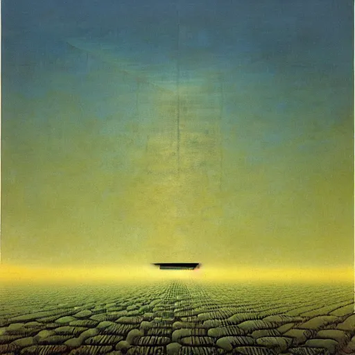 Prompt: multiple boxes floating above the horizon, spread out horizontally, separated symmetrically, zdzislaw beksinski