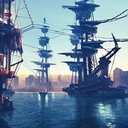 Image similar to high quality photo of a pirate ship in a cyberpunk cyberpunk cyberpunk city, realism, 8k, award winning photo