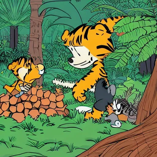 Image similar to popcorn boulders in a jungle landscape, calvin and hobbes building a campfire