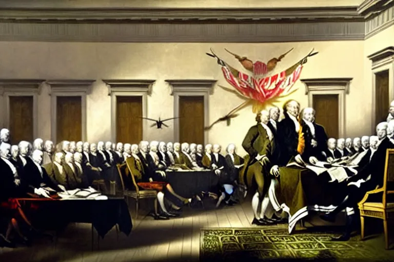 Image similar to john trumbull's famous painting of vampires at the signing of the declaration of independence. the vampires are taller and wear black capes and no wigs. on the wall there is a flag from transylvania