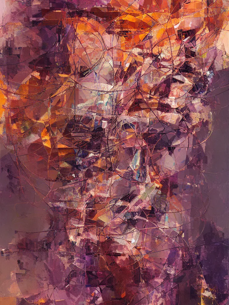 Image similar to a beautiful glitched abstract geometric painting by robert proch and robert heindel of an anatomy study of the human nervous system, color bleeding, pixel sorting, copper oxide and rust materials, brushstrokes by jeremy mann, cold top lighting, pastel purple background