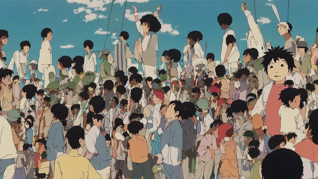 Prompt: a movie still from a studio ghibli film showing a hip hop party in the bronx, new york. by studio ghibli