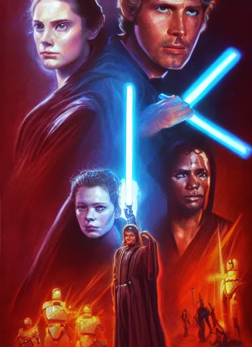 Image similar to epic cinematic poster artwork for featuring portraits for lost star wars film end of an empire ( 1 9 9 0 ), moody painting by drew struzan, beautiful backlit, colorful, iconic composition, epic award winning, artstation, extremely detailed, flare, photorealistic, 4 k