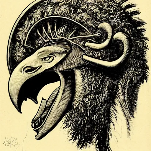 Image similar to a creature with the body and eyes of a man, with the beak of an eagle, the mane of a lion, and the horn of a bull. drawn by h. r. giger