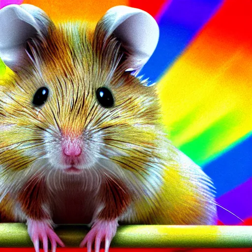 Prompt: rainbow hamster in the style of stray, 8 k, hd, light reflection