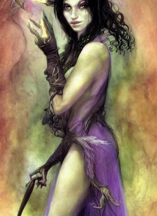 Image similar to portrait of young female sorceress of the endtimes, transluscent skin, lavender hair, beautiful! coherent! dungeons and dragons character, by brian froud, strong line, cool night color, high contrast