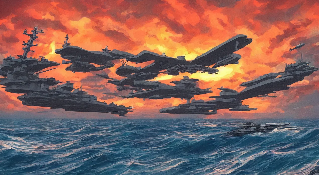 Image similar to aircraft carrier sunset sky waves beautiful artstation 4 k breathtaking graphic novel concept art illustration cartoon by jack kirby