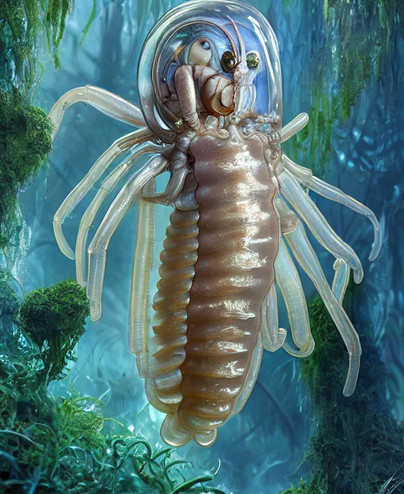 Image similar to opulent transparent clear see - through portrait of a terrifying beautiful male body alien isopod sea slug, mottled coloring, adorable, childlike, overgrown biopunk jungle environment, ultra realistic, concept art, art nouveau, photorealistic, octane render, 8 k, unreal engine. art by christopher marley and artgerm and greg rutkowski and alphonse mucha