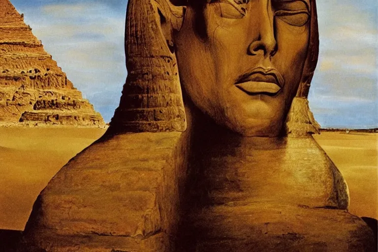 Prompt: john cleese as the sphinx, the sphinx with the head of john cleese, young john cleese's head on the sphinx, painting by salvador dali