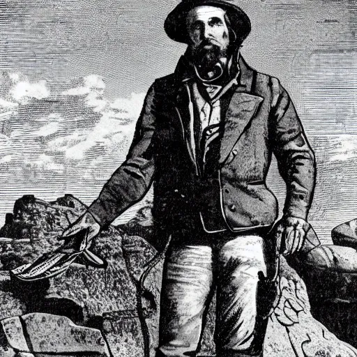 Image similar to 19th century scruffy american trapper, standing atop boulder overlooking expanse, sphinx in distance, pulp science fiction illustration