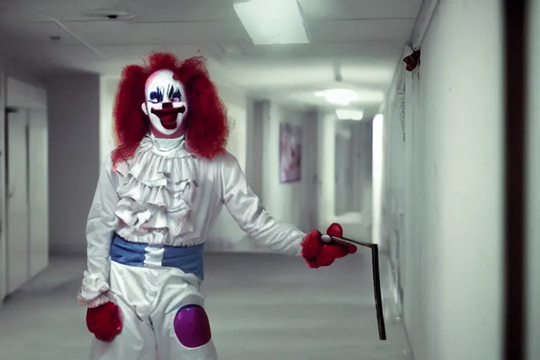 Prompt: cute clown cosplayer holding knife in porcelain hallway, in 2 0 5 5, y 2 k cybercore, low - light photography, bathed in the glow of a crt monitor, still from a ridley scott movie