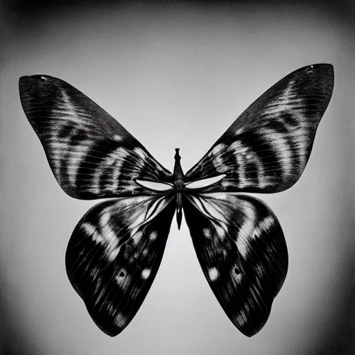 Image similar to a person with moth wings and a proboscis, large format film photograph by richard avedon