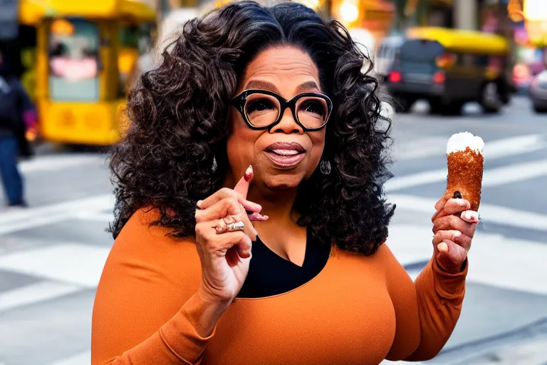 Image similar to oprah winfrey holding a corndog pointing to homeless people, mission street, hyper realistic, 8 k, ethereal details, high resolution, cinematic lighting