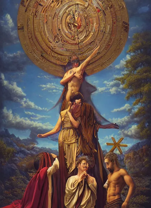 Image similar to transcendental adoration of the magi, occult rune symbolism epic surrealism 8k oil painting, portrait, perspective, high definition, post modernist layering, by Peter Kemp, Casey Weldon, Sean Yoro