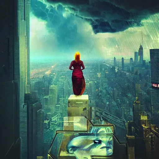 Prompt: “ a girl standing on a ledge looking down at a futuristic new york city below, cyberpunk, ghostpunk, storm clouds, very detailed, by alphonse mucha ”