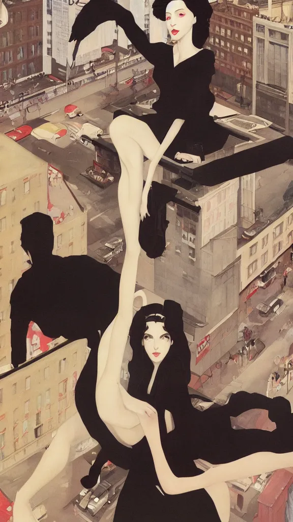 Prompt: a tall and beautiful pale woman with very black hair with a crown on her head walk in the streets of new york circa 1 9 8 4 edward hopper and james gilleard, surreal, open ceiling, highly detailed, airbrush, ilya kuvshinov, wlop, stanley artgerm, very coherent, art by takato yamamoto and james jean