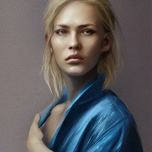 Image similar to Portrait of a woman by Greg Rutkowski, she is about 30 years old, pretty, blond hair with two strans around her face, slavic features, melancholic gaze, pretty aquiline nose, she is wearing a blue utilitarian jumpsuit, highly detailed portrait, digital painting, artstation, concept art, smooth, sharp foccus ilustration, Artstation HQ.