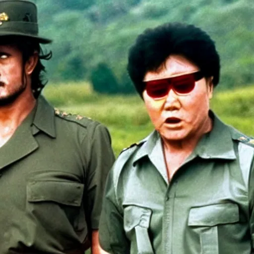 Image similar to a still of Rambo First blood with Kim Jong-il on the role of John Rambo