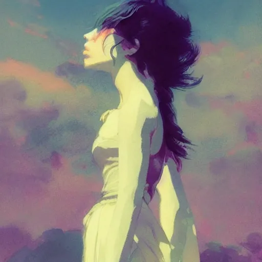 Image similar to standing wistfully, looking into the sky, ruminating, contemplating, serene, color block, noisy background, art by greg rutkowski, pixiv art, art nouveau, yoshitaka amano