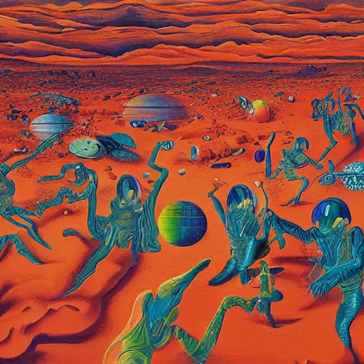 Prompt: a surreal painting of a flamboyant party on the surface of mars