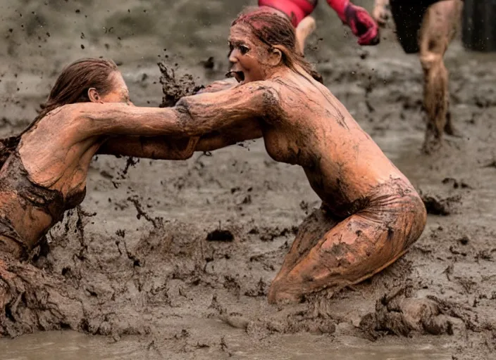 Image similar to 2 crossfit cavewomen mud wrestling, movie still, from the movie quest for fire, 8 k, realistic