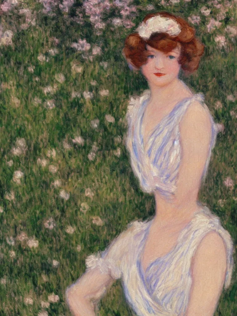 Prompt: portrait of < zelda fitzgerald > as a beautiful young lady wearing 1 9 2 0 s fashion, blurry face, brown hair, slim, fair, severe out of focus, depth of field, pleinairism, in the sun, backlit, closeup, oil on canvas, atr by monet, in the style of le promenade, smooth, impressionnisme, 8 k