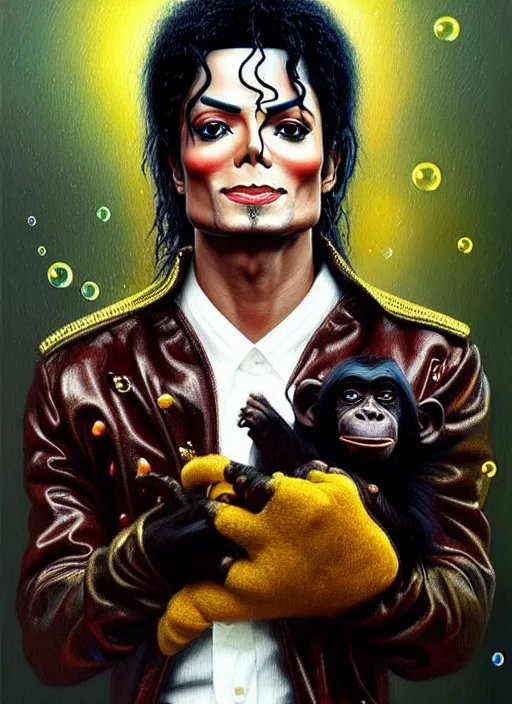 Prompt: oil painting, portrait of michael jackson with his pet chimp bubbles, intricate, sharp, octane render, detailed, beautiful, brown skin, unreal engine, symmetrical, artstation, art by karol bak, art by artgerm, rossdraws, cinematic, concept art, filmic, vsco