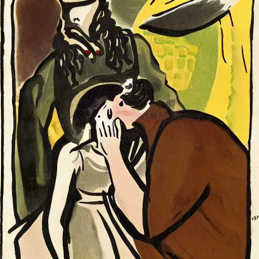 Prompt: This illustration was painted in 1937 during the Guerra Civil Española. The woman in the illustration is weeping for her dead husband. She is wearing a black dress and a black veil. Her face is distorted by grief. The illustration is dark and somber. Navajo green, illuminated codex gilded by Ossip Zadkine dismal