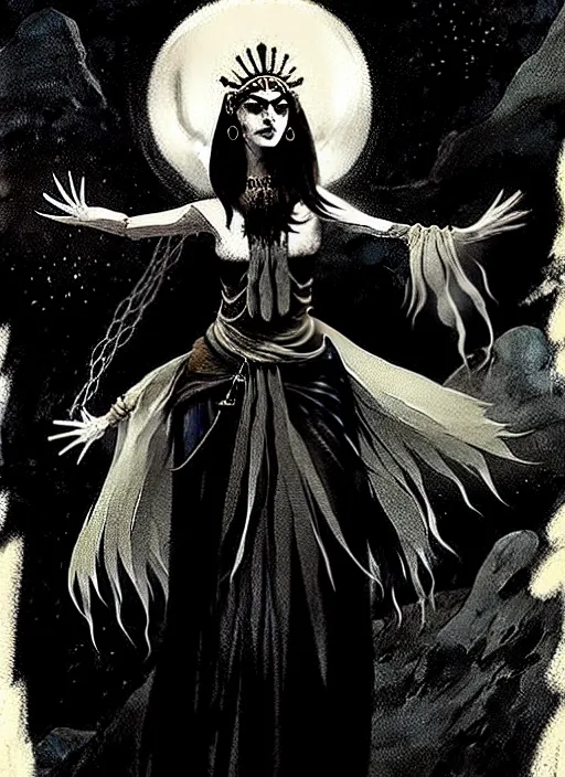 Image similar to marana slavic goddess with six arms in traditional slavic clothes : by anato finnstark kvlt by peder balke by peder balke by greg rutkowski, by guido crepax by norman bluhm mystic high contrast monochromatic noir