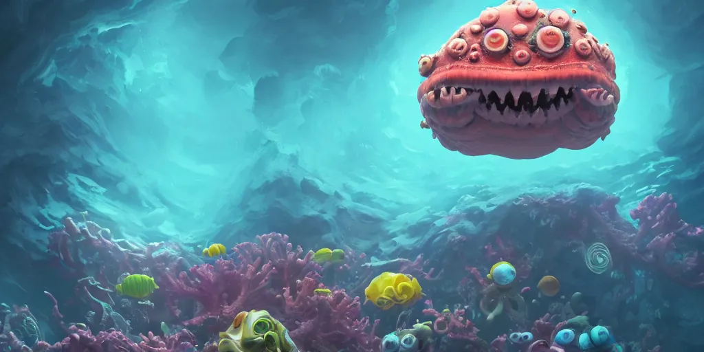 Prompt: of a colorful cloudy deep sea under water with strange cute friendly happy creatures with huge eyes, mouth, long tongue and round teeth appearing from sandy coral, in the style of gehry and gaudi, macro lens, shallow depth of field, highly detailed, digital painting, trending artstation, concept art, illustration, cinematic lighting, photorealism, epic, octane render