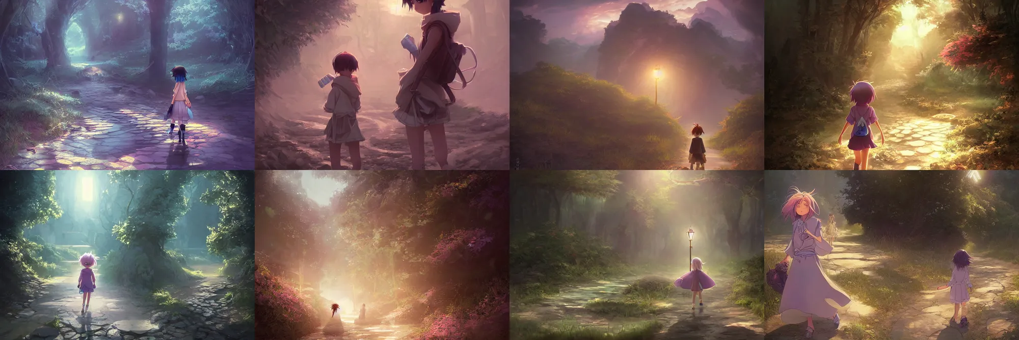 Prompt: Digital anime art by WLOP and Mobius, Dora the Explorer walks down a dusty path beside a river, highly detailed, intriguing lighting