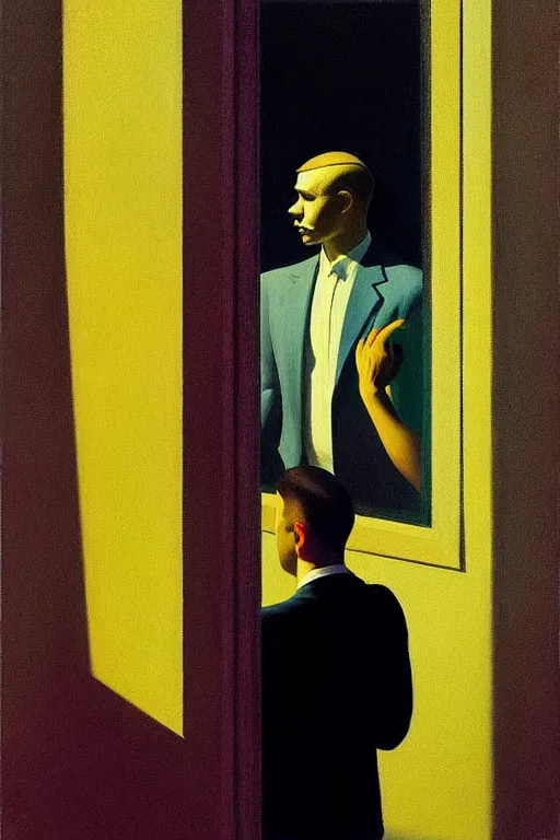 Image similar to group of men watching another man through a one sided mirror, edward hopper and james gilleard zdzislaw beksisnski higly detailed