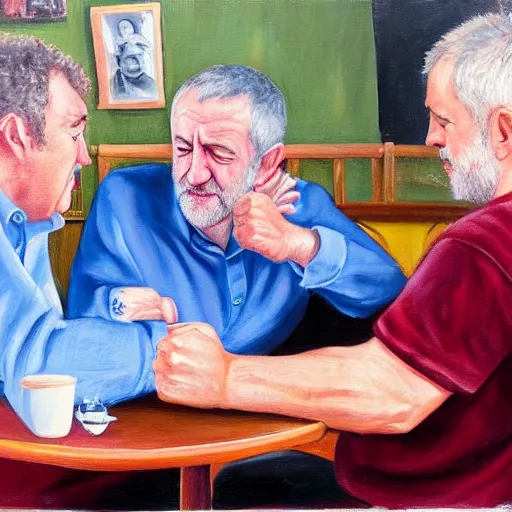 Prompt: oil painting of jeremy clarkson and jeremy corbyn arm wrestling in a dingy pub