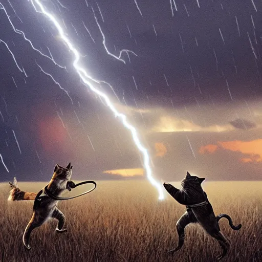 Image similar to film still of jedi cats fighting in a texas thunderstorm, 4 k