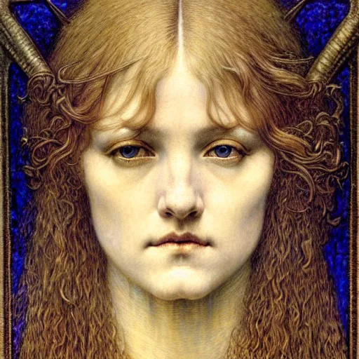 Image similar to detailed realistic beautiful young medieval queen face portrait by jean delville, gustave dore and marco mazzoni, art nouveau, symbolist, visionary, gothic, pre - raphaelite. horizontal symmetry