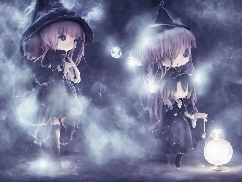 Prompt: cute fumo plush girl gazing into a crystal ball swirling with strange energy, black and white eldritch gothic horror, smoke and volumetric fog, witch girl, soothsayer, lens flare glow, chibi anime, vray