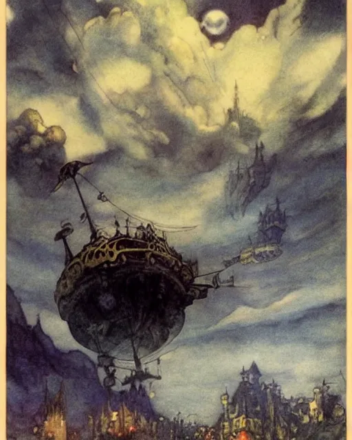 Prompt: Fantasy village, view of the sky above. The sky is completely covered to the horizon by an incredibly huge airship-like ship. The ship flies among the clouds. Dark colors, extremely high detail, realistic, dark fantasy art, masterpiece, 8k, octane rendering, Arthur Rackham painting, art by Victoria Frances, Frank Frazetta.