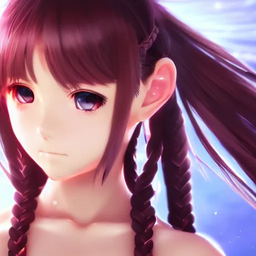 Prompt: render as a very beautiful 3d anime girl game character, hot petite, long braided hair, hazel eyes, full round face, short smile, cinematic lightning, medium shot, mid-shot, highly detailed, trending on Artstation, Unreal Engine 4k, cinematic wallpaper