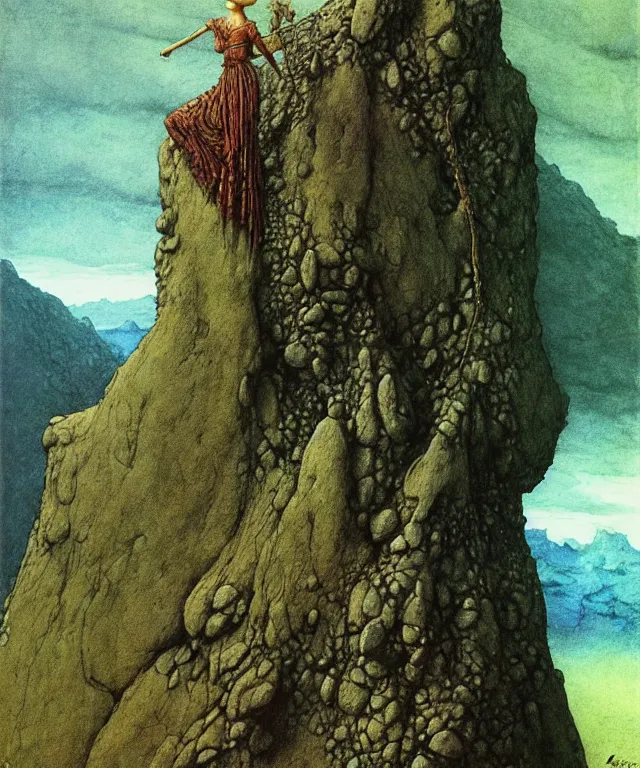 Prompt: A detailed semifish-semiwoman stands among the mountains with a pebble in hand. Wearing a ripped mantle, robe. Extremely high details, realistic, fantasy art, solo, masterpiece, art by Zdzisław Beksiński, Arthur Rackham, Dariusz Zawadzki