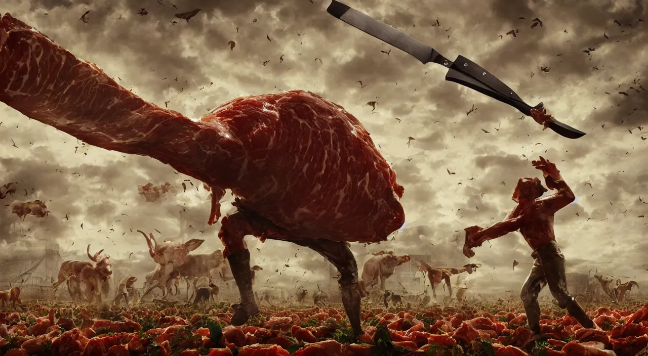 Prompt: a giant butcher holding a meat cleaver invading a huge animal farm, large scale, breathtaking, mixed media, digital art, trending on artstation, 8k, epic composition, highly detailed, AAA graphics