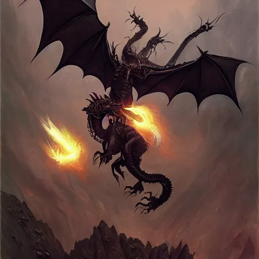 Image similar to flying black dragon spitting acid, d & d, fantasy, greg rutkowski, frank frazetta, alexandre chaudret, boris vallejo, michael whelan, miro petrov, hr giger, magali villeneuve, donato giancola