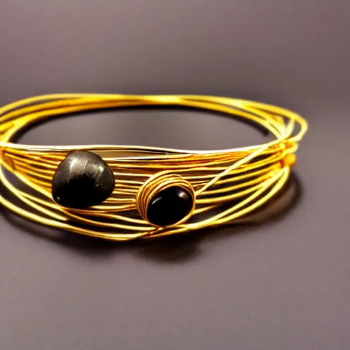 Prompt: archaic Primitive Gold Bangle, 14K Gold Wire, Single Center sinister tungsten rock , Shungite Bangle, Mineral and Gold Jewelry, Product Photography