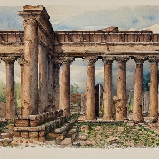 Prompt: detailed 1 9 th century architectural watercolor illustration of ornate hellenistic ruins