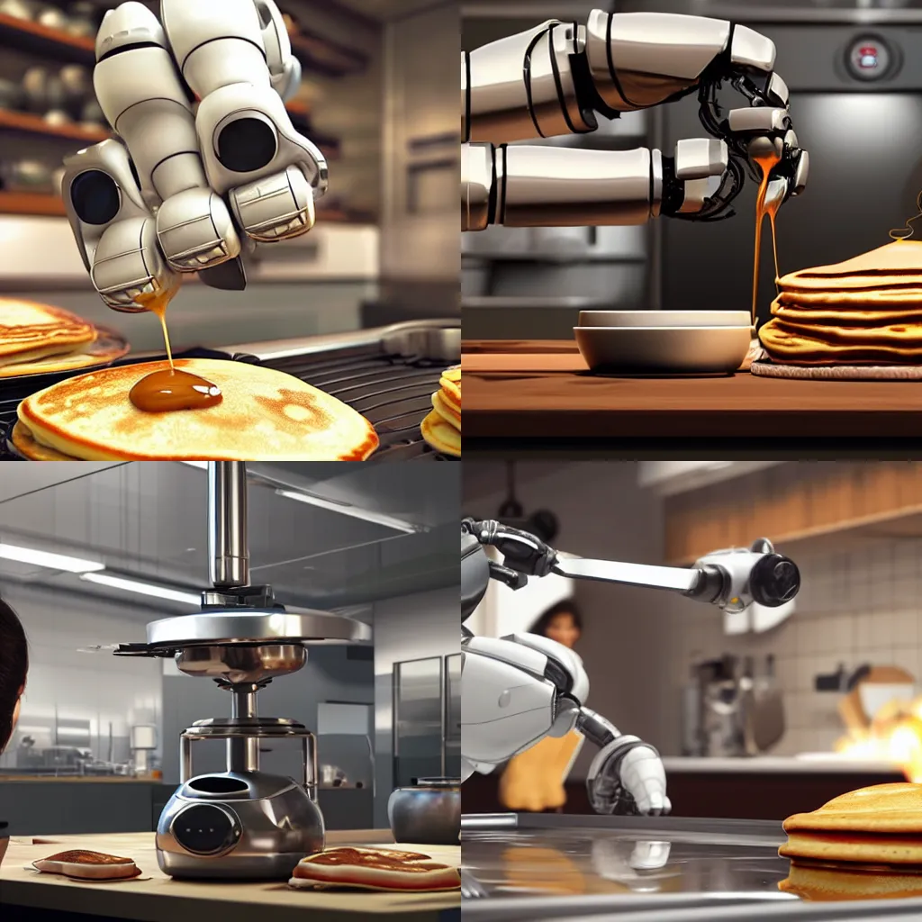 Prompt: “a robot cooking pancakes in a beautiful open kitchen, unreal 4k photorealistic”