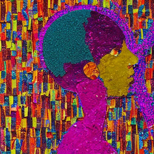 Prompt: anima girl lost in colors artwork by el anatsui