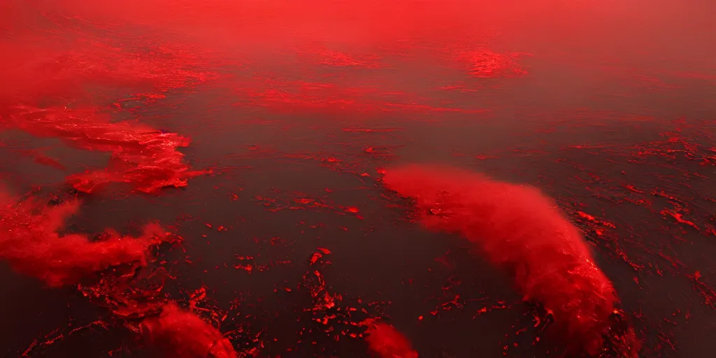 Image similar to a churning, boiling, fiery red sea with lots of smoky black and red steam, fantasy digital art, octane render, beautiful composition, trending on artstation, award-winning photograph, masterpiece