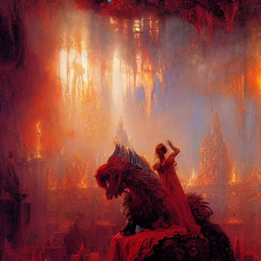 Prompt: a chapel's ceiling is broken in half as a red magical portal from hell opens up there. highly detailed painting by gaston bussiere, greg rutkowski 8 k