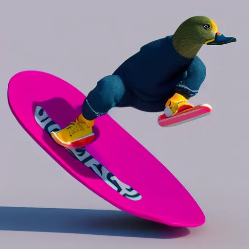 Prompt: fullbody dynamic action pose of a wild duck doing a kick flip on a pink skateboard, 3 d high detail render